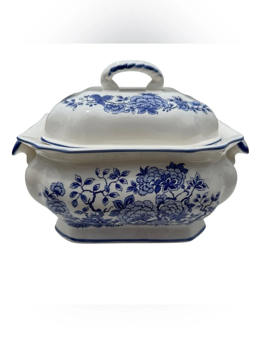 Vintage Blue White Chinoiserie Soup Tureen Ladle Lidded Serving Bowl Floral